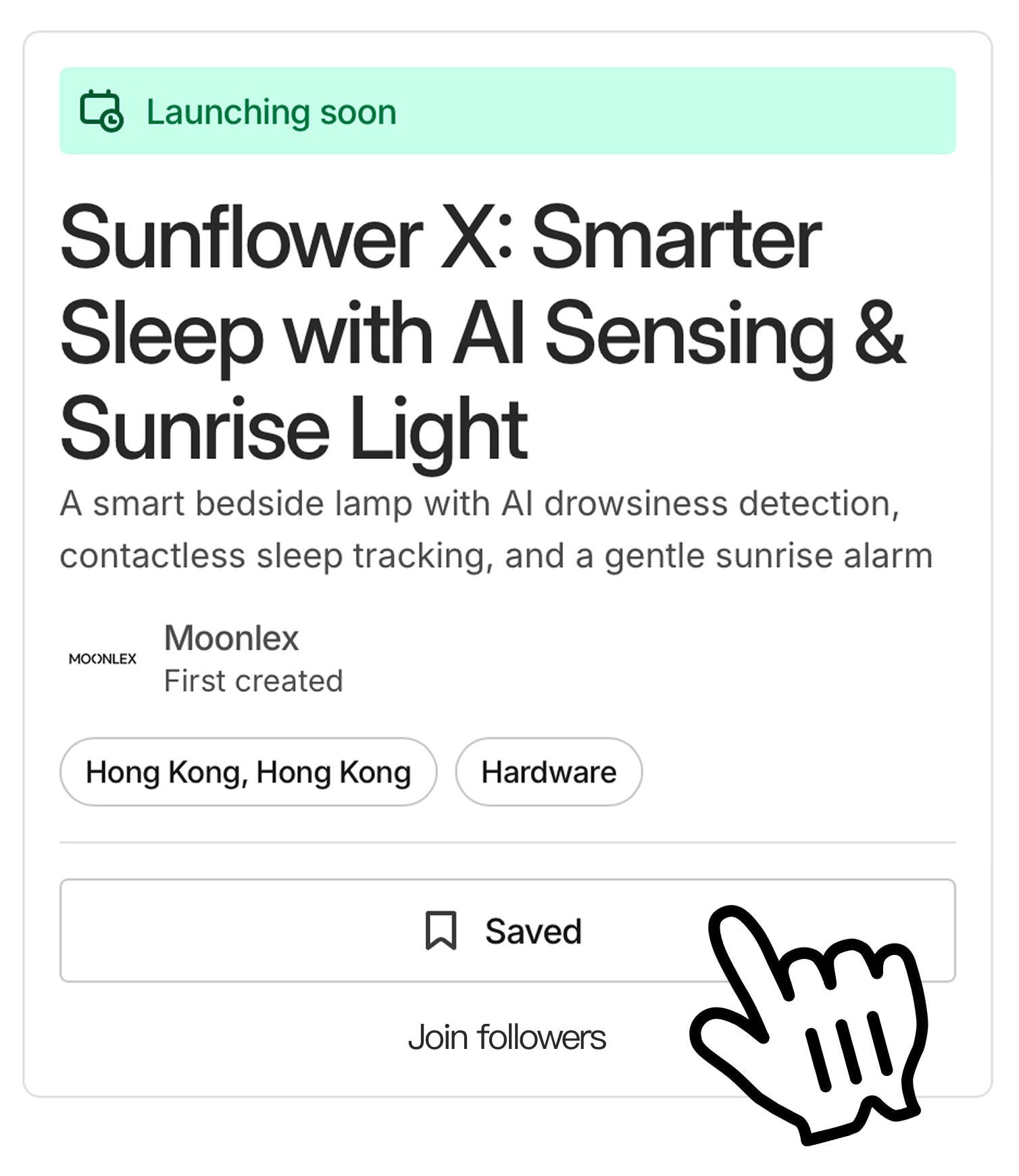 Kickstarter preview showing launching soon, project details, and saved status